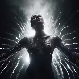 the woman is wearing a dark costume and sparkling hair