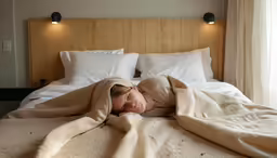 a little kid is laying in bed with a blanket over it