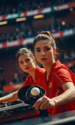 two women play ping pong in a big sports arena