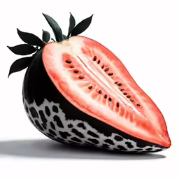 a piece of fruit with some black and white spots