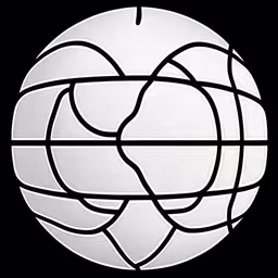 a logo for the sport company, that appears to be in an art deco style,a large white ball with a black and white border,a white volleyball with black lines on it,there is a circular object that has many shapes on it,an illustration of a white volleyball with some black lines on it