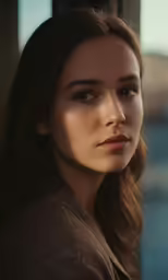 the woman in the brown sweater is looking into the distance