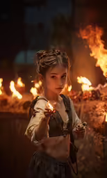 a woman is dressed in costume by a bonfire