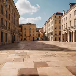 several buildings are surrounding a stone courtyard