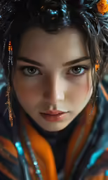 a close up view of a young person wearing orange scarf