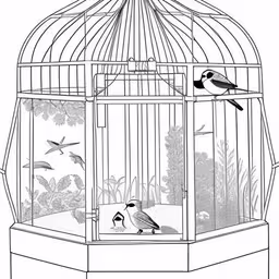 two birds sit in the cage, while one watches and looks on,a cage with two birds inside of it