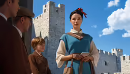 a woman in a blue dress standing in front of some people