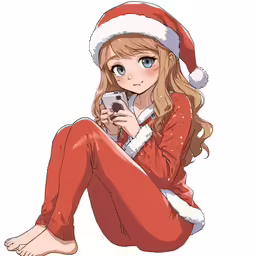 a woman in a santa hat sitting on the floor while looking at her phone
