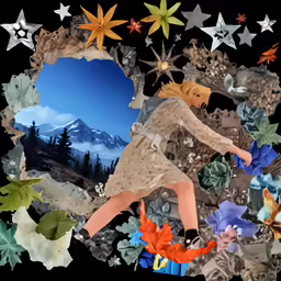 a collage of leaves and an illustration of a woman wearing dress and boots