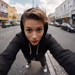 a female taking a selfie in the middle of the street