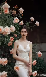 a woman wearing a wedding gown and surrounded by pink flowers