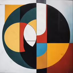 an abstract composition in yellow, blue and black