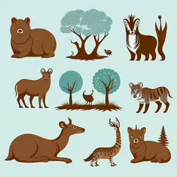 animals with the names of their respective species,animals are sitting in a field with trees,a set of six drawings of different animals and trees,animals are drawn in a graphic style,the illustration has different kinds of animals in them