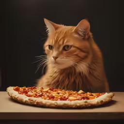 a cat looks at the pizza that sits on the table