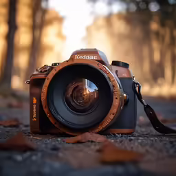 a brown camera on the ground outside of a forest