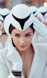 a woman is in a white suit with hat