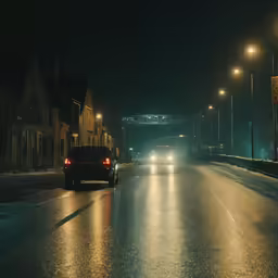 some cars are going down the dark street at night