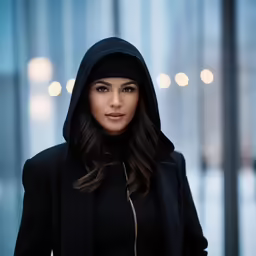 a woman in black clothing and a hoodie with her hands on her hips