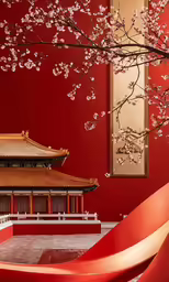 a building with red walls and a tree in front