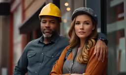 a man and woman standing in front of a building
