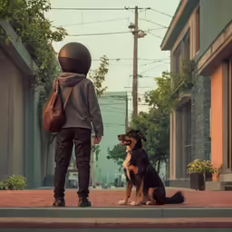 a boy with his back to the camera and his dog sitting on the steps in front of him