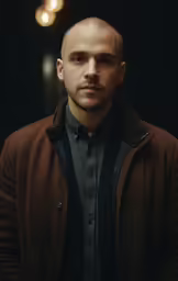 a young man stands in the dark in a jacket