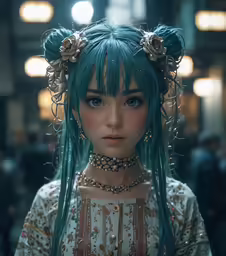 a woman with long, green hair with flower decorations
