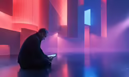 a man sits and looks at a tablet computer in a room lit by colored lights