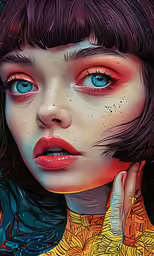 the illustration shows a portrait of a woman with long bangs and pink cheeks
