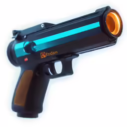 the gun is on top of a white surface