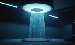 the light is shining down on a shower head