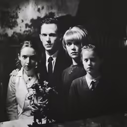 an old black and white photo of four people standing next to one another