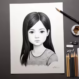 a drawing of a girl on paper, crayons and paint