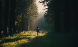 a woman is walking down a path in a forest