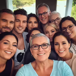 a group of people with glasses smiling for the camera