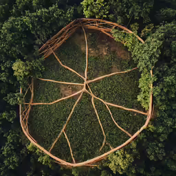 an aerial view of the forest showing a circular structure with wood and branches