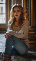 a young woman sitting on a step posing for the camera