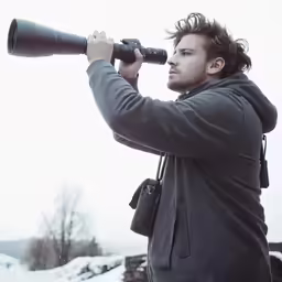 the man is holding a large camera in his hands