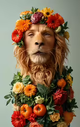 an animal wearing flowers and leaves on its face