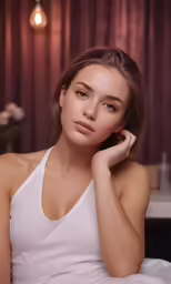 a model sits in bed with her hand under her chin