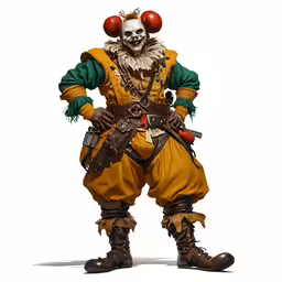 the evil clown dressed up in an outfit with a hat and chains