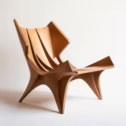 an unusual wooden chair sits on the ground