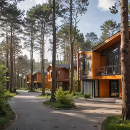 a bunch of houses are seen in the woods