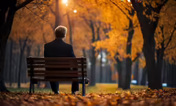 a man sitting on a park bench in front of some trees