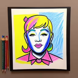 a picture of a drawing of a woman with pink hair,a picture of a colorful drawing of a woman,a drawing of a woman