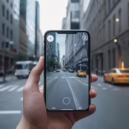 the hand holding a cell phone is holding the camera, showing a city street with many taxis on it