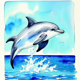 a dolphin jumping out of the water,a drawing of a dolphin in a blue ocean