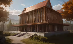 a house being constructed from wood and stone,two people walk near a small wooden building