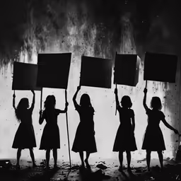 black and white photo of four women holding signs