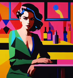 a woman is sitting at a table next to some bottles,an abstract painting of a lady sitting down in a chair